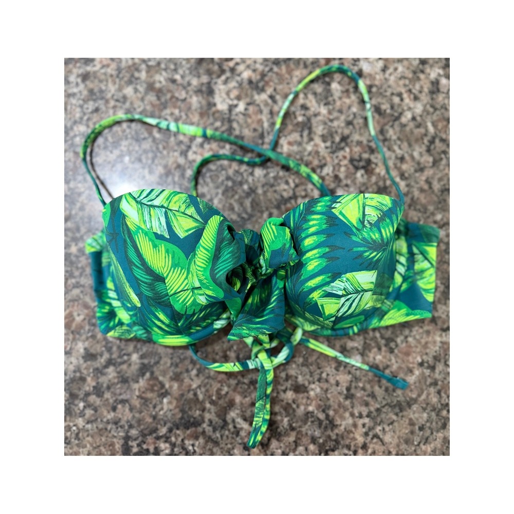 Shade & Shore Green Tropical Palm Leaf Underwire Bikini Top 34C Cross Back Strap